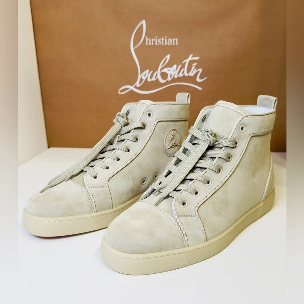 Christian Louboutin Louis Orlato Flat High-Top Sneakers Goose Grey Suede Size 44